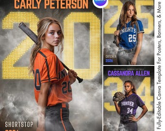 Softball Canva Template | Softball Poster, Senior Banner, Custom Player Card, Memory Mate | Digital Softball Background | Sports Photography