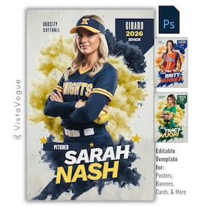 Puede incluir: Plantilla de póster de softbol con una atleta femenina con uniforme azul y dorado, sosteniendo una pelota de softbol. El póster incluye el texto "SARAH NASH" y "PITCHER". Se muestran plantillas adicionales.