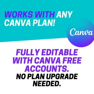Pu&ograve; includere: Una grafica digitale con sfondo verde acqua e bianco che riporta il testo WORKS WITH ANY CANVA PLAN! e FULLY EDITABLE WITH CANVA FREE ACCOUNTS. NO PLAN UPGRADE NEEDED. &Egrave; visibile un logo circolare viola e blu con la parola Canva.