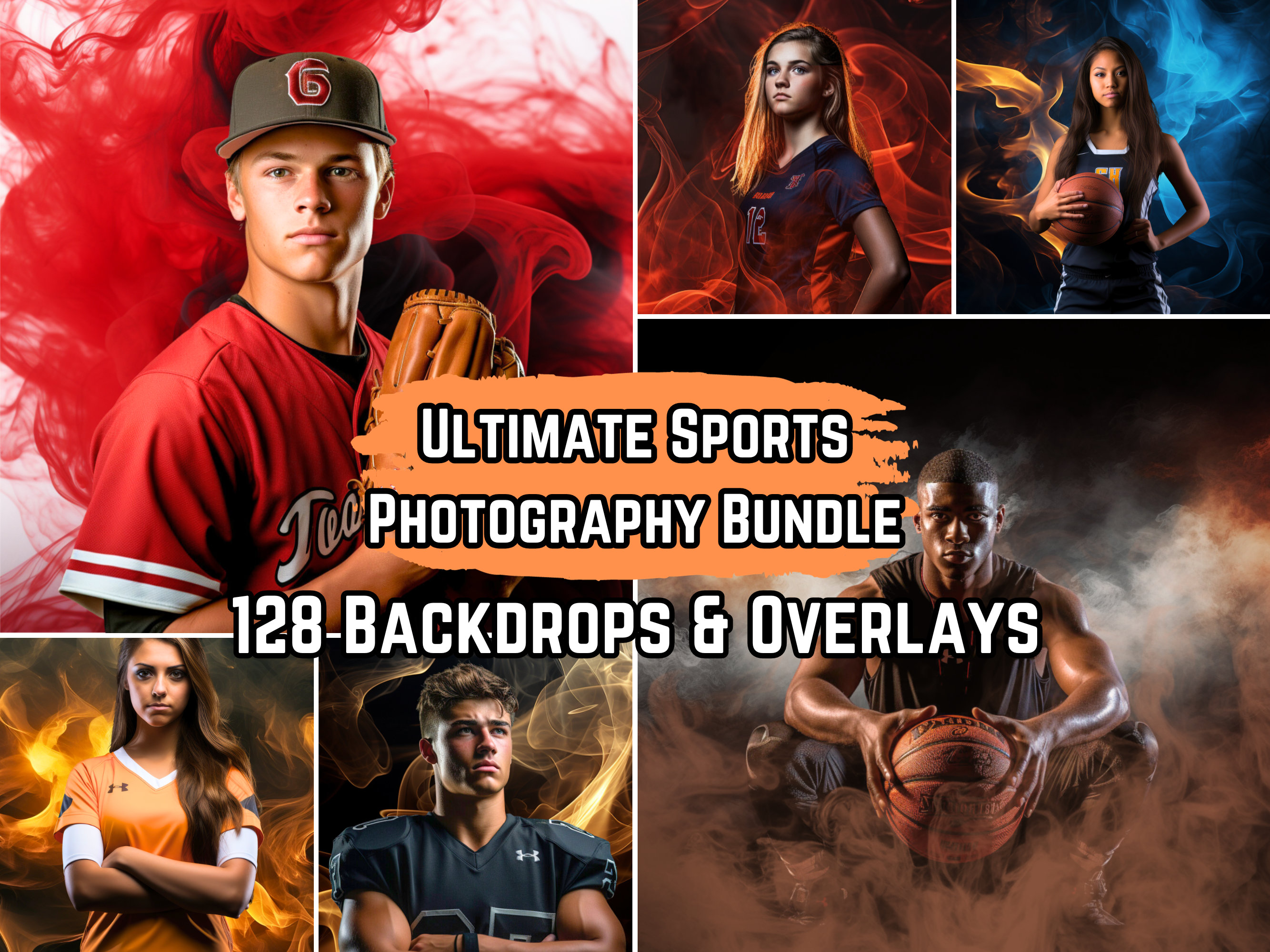 128 Sports Backgrounds & Overlay Bundle: Smoke Fog Overlays and Digital Backdrops | For Football, Softball, Soccer, Tennis, and Basketball