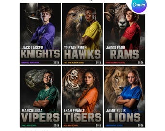 Plantilla de póster de fútbol / Editable en Canva / 42 fondos de mascotas / Pancartas personalizadas, pósteres, fotografía deportiva, noche de graduación