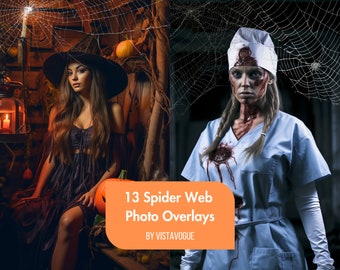 13 Conjunto de superposiciones de telaraña: Telarañas realistas para fotografías espeluznantes de Halloween y superposiciones de bordes, plantilla PNG de Photoshop aterradora para Photoshop