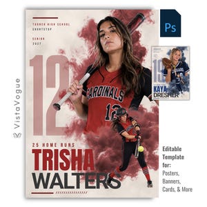 May include: An editable digital sports poster template featuring a softball player in a red and black Cardinals uniform holding a bat. The design includes the text Turner High School, Shortstop, Senior 2027, 12, 25 Home Runs, and Trisha Walters.