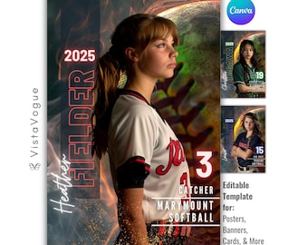 Modello per poster di softball / Modificabile in Canva / Sfondo softball per poster sportivi personalizzati, striscioni per studenti dell'ultimo anno, biglietti, Memory Mates