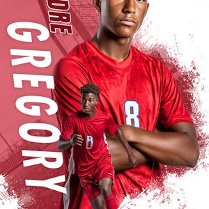 May include: A promotional poster featuring Andre Gregory, a soccer player, in a red uniform with the number 8. The poster includes the text "Plymouth Soccer Forward" and the year "2026". The background has a red and white abstract design.
