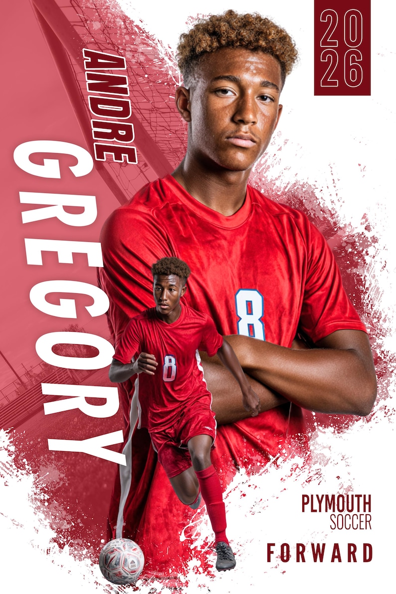 May include: A promotional poster featuring Andre Gregory, a soccer player, in a red uniform with the number 8. The poster includes the text "Plymouth Soccer Forward" and the year "2026". The background has a red and white abstract design.