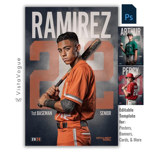 Baseball Photoshop Template | Senior Posters, Baseball Banners, Memory Mates & Player Cards | Custom PSD Background | Sports Photography