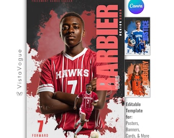 May include: A digital sports poster template featuring a soccer player in a red and white striped jersey with the text HAWKS 7, BARBIER, LOUIS, SENIOR 2026, and FORWARD. The design includes a large portrait and a smaller action shot with a soccer ball.