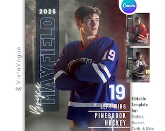 May include: A hockey-themed template featuring a young man in a blue jersey with the number 19. The template includes text that reads "Bryce Mayfield" and "Pinebrook Hockey." Additional text indicates the template is editable in Canva and suitable for posters, banners, and cards.