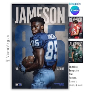 May include: A blue and white football poster featuring a player named Jameson wearing the number 85. The poster includes the text "JAMESON" in large white letters, and the words "WR" and "SENIOR". The poster is an editable template for posters, banners, and cards.