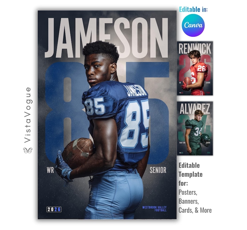 Pu&ograve; includere: Un modello di poster sportivo digitale con un giocatore di football in maglia blu con il numero 85, il nome Jameson e il testo 2026. Il design include una grande tipografia blu, uno sfondo scuro e ulteriori immagini di anteprima pi&ugrave; piccole.