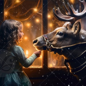 May include: A young girl in a green dress holds a lit candle and looks at a reindeer through a window. The reindeer is wearing a harness and has snow on its antlers. The window is decorated with twinkling lights.