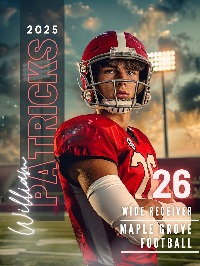May include: A football player wearing a red jersey with the number 26 and a red helmet with a face mask. The text reads 2025, PATRICKS, William, 26, WIDE RECEIVER, MAPLE GROVE FOOTBALL. The player is positioned on a field under stadium lights.