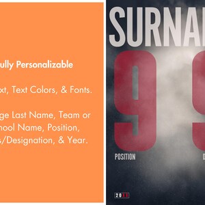 Pu&ograve; includere: Un modello grafico digitale con un pannello arancione e testo bianco che recita Fully Personalizable, Edit Text, Text Colors, & Fonts, Change Last Name, Team or School Name, Position, Class/Designation, & Year, accanto a un poster scuro con la parola SURNAME, il numero 99 in rosso e le parole POSITION, DESIGNATION, 20XX e YOUR TEAM FOOTBALL.