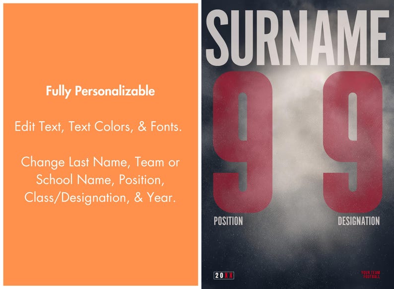 Pu&ograve; includere: Un modello grafico digitale con un pannello arancione e testo bianco che recita Fully Personalizable, Edit Text, Text Colors, & Fonts, Change Last Name, Team or School Name, Position, Class/Designation, & Year, accanto a un poster scuro con la parola SURNAME, il numero 99 in rosso e le parole POSITION, DESIGNATION, 20XX e YOUR TEAM FOOTBALL.