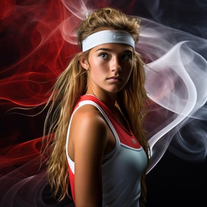 May include: A woman with long blonde hair wearing a white headband and a white and red tank top. The background is a red and white smoke effect.