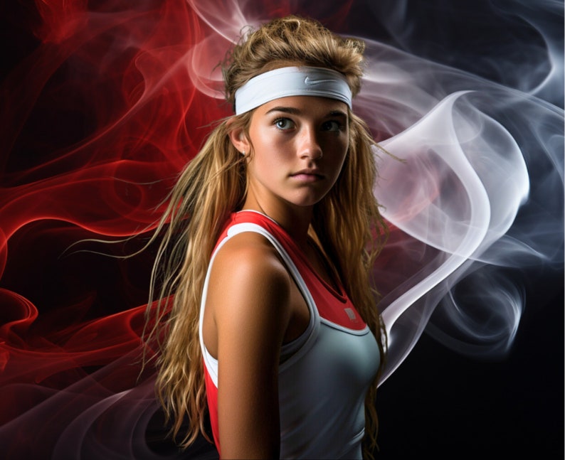 May include: A woman with long blonde hair wearing a white headband and a white and red tank top. The background is a red and white smoke effect.
