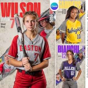 K&ouml;nnte beinhalten: Softball-Team-Poster-Vorlage mit einer jungen Frau, die einen Schl&auml;ger h&auml;lt und eine rot-graue Uniform mit dem Namen "Wilson" und der Nummer 7 tr&auml;gt. Zus&auml;tzliche Spielerinnen sind im Hintergrund zu sehen. Die Vorlage ist f&uuml;r Poster, Banner und mehr.