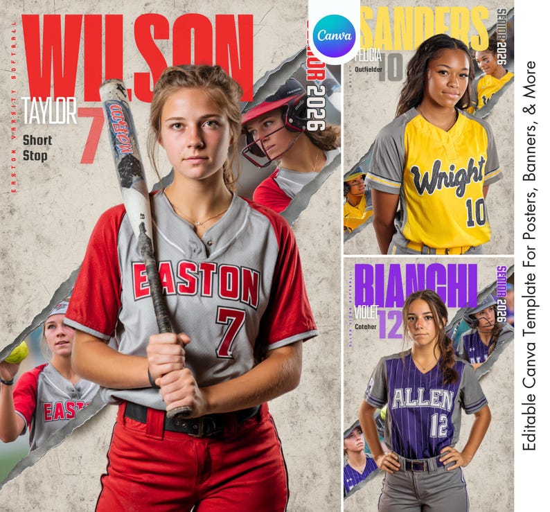 K&ouml;nnte beinhalten: Softball-Team-Poster-Vorlage mit einer jungen Frau, die einen Schl&auml;ger h&auml;lt und eine rot-graue Uniform mit dem Namen "Wilson" und der Nummer 7 tr&auml;gt. Zus&auml;tzliche Spielerinnen sind im Hintergrund zu sehen. Die Vorlage ist f&uuml;r Poster, Banner und mehr.
