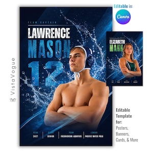 May include: An editable digital template for a sports poster featuring a water polo player wearing a cap, set against a dark blue background with water splashes. The text includes the name Lawrence Mason, number 12, and team details.