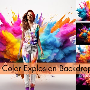 May include: Eight colorful explosion backdrops with a woman standing in front of a multi-colored explosion. The backdrops are in various colors, including blue, pink, orange, and yellow. The text "8 Color Explosion Backdrops BY VISTAVOGUE" is at the bottom of the image.