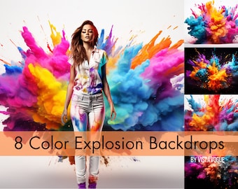 8 Color Explosion Digital Backdrops | Colorful Smoke Background | Color Splash Backdrop | Powder Explosion Overlay | Sport, Maternity, Model