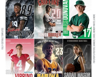 7 Sports Poster Templates Bundle | Editable in Canva | Custom Posters, Banners, Cards, Memory Mates, Senior Night | Sports Photography