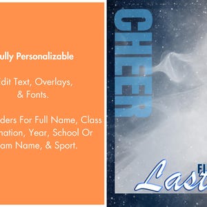 May include: A customizable design with an orange background and white text that reads "Fully Personalizable". The right side features a blue and white design with the word "CHEER" and placeholders for names and class details.