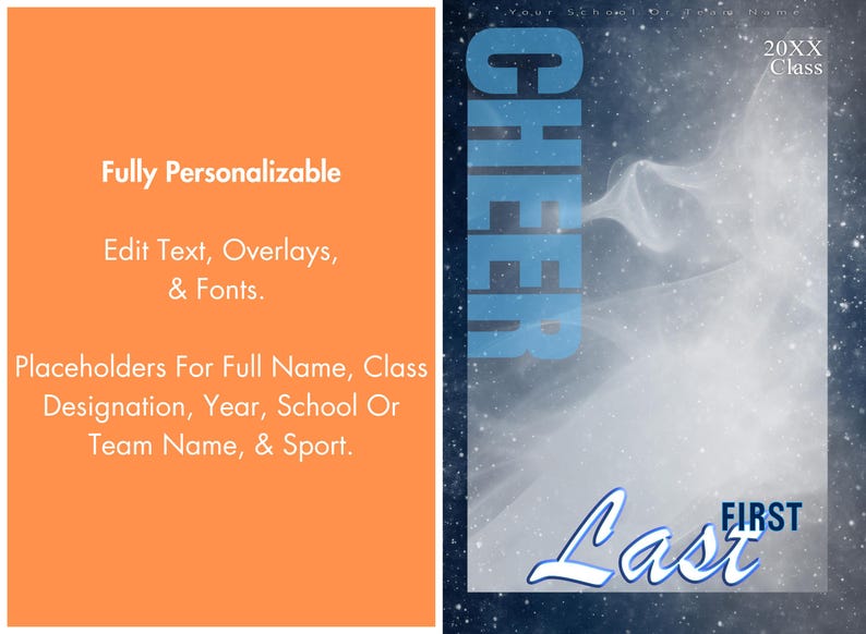 May include: A customizable design with an orange background and white text that reads "Fully Personalizable". The right side features a blue and white design with the word "CHEER" and placeholders for names and class details.