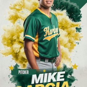 May include: A baseball player in a green and gold uniform with the name "Karter" and the year "2026" displayed. The image includes the text "Determination. Dedication." and the name "Mike Garcia" in large letters. The word "Pitcher" is also visible.
