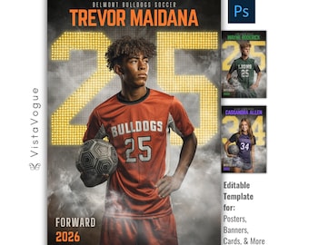 Soccer Poster Photoshop Template | Senior Banner, Custom Poster, Player Card, Memory Mate | Sports Photography Digital Background