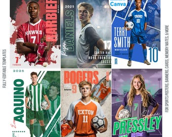 Paquete de 9 plantillas de fútbol / Editables en Canva / Pósteres, pancartas para graduados, tarjetas personalizadas, regalos de graduación, recuerdos / Fotografía deportiva