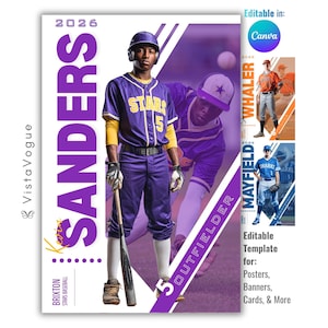 Op de afbeelding: Een digitaal sportposter-sjabloon met een honkbalspeler in een paars en geel uniform met de tekst SANDERS, 2026 en OUTFIELDER. Het ontwerp bevat een grote centrale afbeelding van een speler met een knuppel en kleinere ingevoegde voorbeelden.