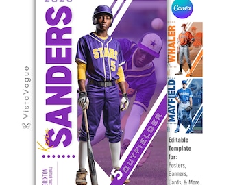 May include: A purple and gold baseball poster featuring a player in a Stars uniform holding a bat. The poster includes the text "SANDERS" and "OUTFIELDER", along with the year "2026". Additional images of baseball players are also included.