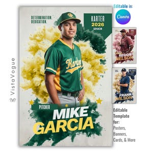 May include: A baseball-themed poster featuring a young man in a green and yellow baseball uniform. The poster includes the text "Mike Garcia, Pitcher" and "Karter 2026 Senior." The background has yellow and green smoke effects.