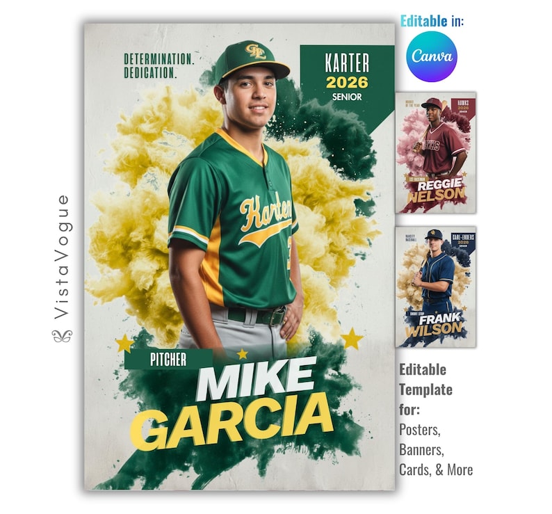 May include: A baseball-themed poster featuring a young man in a green and yellow baseball uniform. The poster includes the text "Mike Garcia, Pitcher" and "Karter 2026 Senior." The background has yellow and green smoke effects.