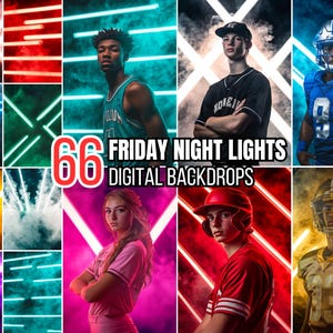 May include: A collage of 66 digital backdrops featuring neon lights and smoke effects. The backdrops are ideal for creating a Friday night lights theme for photos.