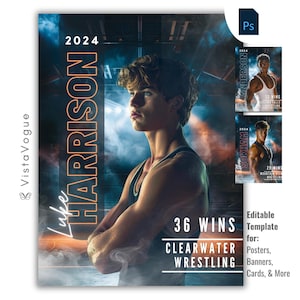 Wrestling Poster & Banner Photoshop Template | For Senior Sports Poster, Custom Athlete Banner, Digital Background | PSD