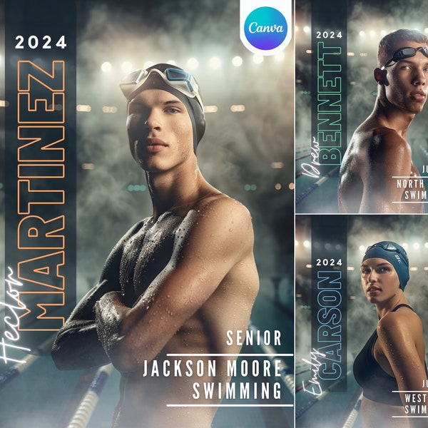 Swimming Poster Canva Template | Swimmer Background For Senior Sports, Custom Swim Photo, & Banner Design | Photoshop Template Alternative