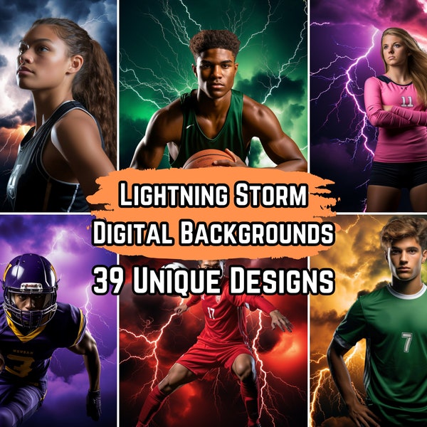 39 arrière-plans numériques Lightning Bolt – Rouge, Bleu, Violet, Jaune – Idéal pour les photos de sport, de football, de basket-ball, de football, de tennis et de softball !