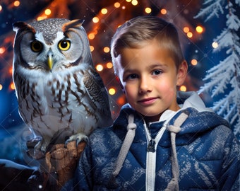 Winter Owl Digital Backdrop for Holiday Photoshoots | Forest Digital Background | Great Christmas Card Idea | Snowy Xmas Portrait Backdrop