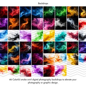 May include: 46 colorful smoke swirl digital photography backdrops. The backdrops feature a variety of colors, including red, orange, yellow, green, blue, purple, and black. The smoke swirls are abstract and create a unique and interesting background for photos.