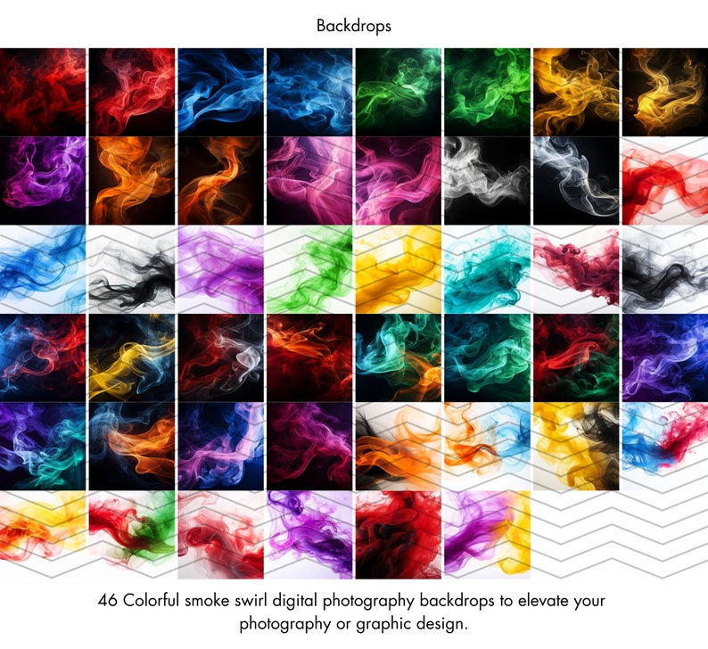May include: 46 colorful smoke swirl digital photography backdrops. The backdrops feature a variety of colors, including red, orange, yellow, green, blue, purple, and black. The smoke swirls are abstract and create a unique and interesting background for photos.