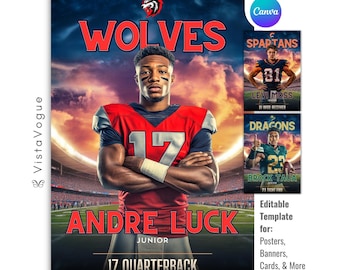Può includere: Un poster di calcio rosso e nero con un giocatore di football in una maglia rossa con il numero 17. Il poster include il testo "WOLVES" e "ANDRE LUCK, JUNIOR, 17 QUARTERBACK". Sono inclusi poster più piccoli aggiuntivi.