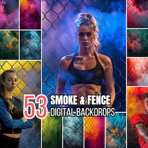 May include: A digital backdrop product featuring 53 smoke and fence designs. The image showcases a variety of colorful smoke effects, a chain-link fence, and models. The text "SMOKE & FENCE DIGITAL BACKDROPS" is displayed.