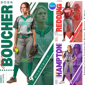 K&ouml;nnte beinhalten: Ein Softball-Team-Poster mit einer Spielerin in einer grau-t&uuml;rkisen Uniform, die einen Handschuh und einen gelben Softball h&auml;lt. Das Poster enth&auml;lt den Text "HORNETS VARSITY SOFTBALL" und den Namen der Spielerin "Jillian Boucher".