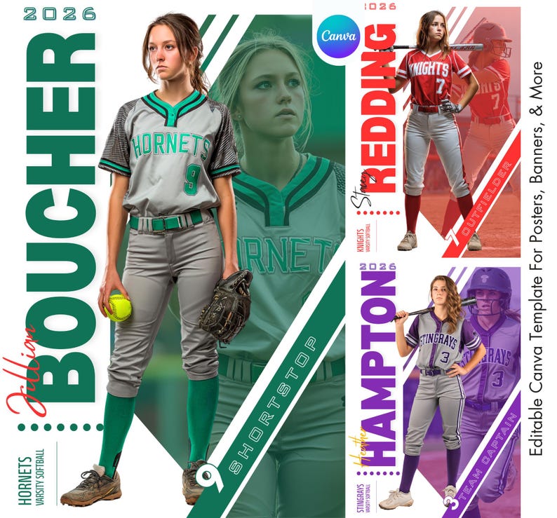 K&ouml;nnte beinhalten: Ein Softball-Team-Poster mit einer Spielerin in einer grau-t&uuml;rkisen Uniform, die einen Handschuh und einen gelben Softball h&auml;lt. Das Poster enth&auml;lt den Text "HORNETS VARSITY SOFTBALL" und den Namen der Spielerin "Jillian Boucher".
