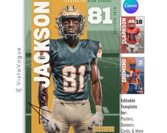 May include: A football player in a teal and orange uniform with the number 81. The image includes the text "Jackson" and "Farmington High School." Additional templates are shown with the text "Clarkson" and "Dremond."