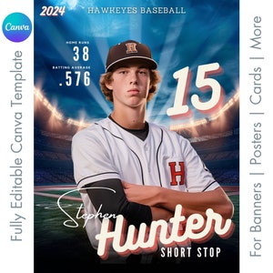 Modello di poster di baseball Canva / Sport per anziani in stile vintage, carta da baseball, banner, Memory Mate e sfondo fotografico / Modello non Photoshop