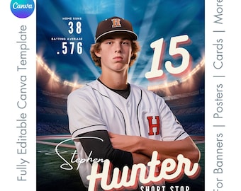 Baseball Poster Canva Template | Vintage Style Senior Sports, Baseball Card, Banner, Memory Mate, & Photo Backdrop | Non Photoshop Template